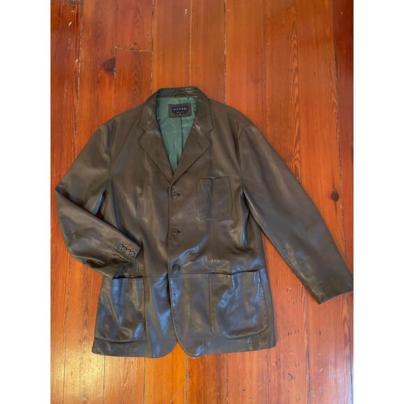 Hilfiger Made in Italy XL Brown Leather Blazer Jacket Men Vintage 3-Button Coat - Picture 9 of 10